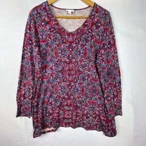 J. Jill women's Sz: M Long Sleeve V-neck Red T Shirt Tunic top Rayon Christmas